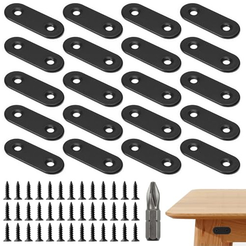 20 Pezzi Connettori Piatti in Acciaio Inox, 56 x 16 mm Piastre di Giunzione per Riparazione, Nero Staffe Angolari Piatte, con 40 Viti e 1 Punta, per Armadio, Tavolo, Sedia, Legno e Mobili