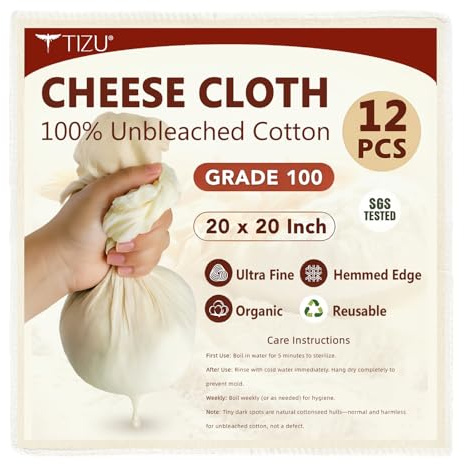 12 Piezas Paños de Queso 50x50cm-Grado 100 Algodón no Blanqueado al 100% Reutilizable para Filtrado Hacer Leche de Nueces, Yogur y Queso (Tela de Filtración, Cheese Cloth, 12Pcs) (12 Pcs)