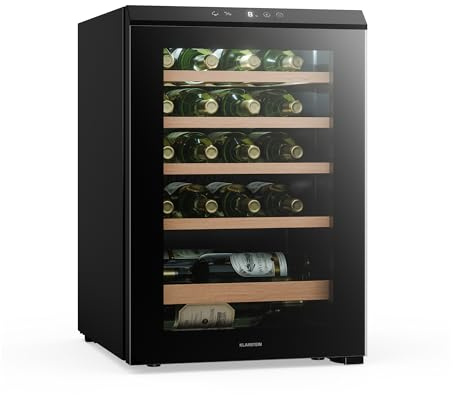 KLARSTEIN Bevora Réfrigérateur à vin 20 bouteilles – Cave à vin sur pied, élément de commande/de contrôle tactile 4-18 °C, porte vitrée anti UV, éclairage LED, clayettes en bois