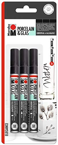 Marabu 0123000000084 Set de Peinture Porcelaine et Verre à Base d'eau en Porcelaine et Verre avec 3 stylos Noirs, Noir