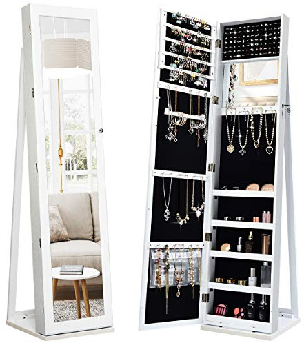 COSTWAY Armoire à Bijoux sur Pieds, Miroir HD Pleine Longueur et Miroir de Maquillage Intégré, avec 91 Fentes pour Bagues 30 Crochets Collier, 100 Emplacements Boucle d’Oreilles (Blanc)