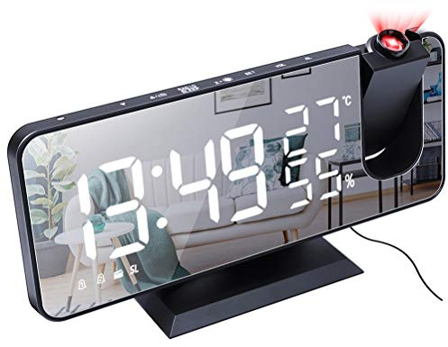 Réveil à projection Réveil numérique LED avec projection à 180 ° Radio réveil avec port USB Grand affichage LED Snooze Double alarme 4 niveaux de luminosité avec variateur automatique