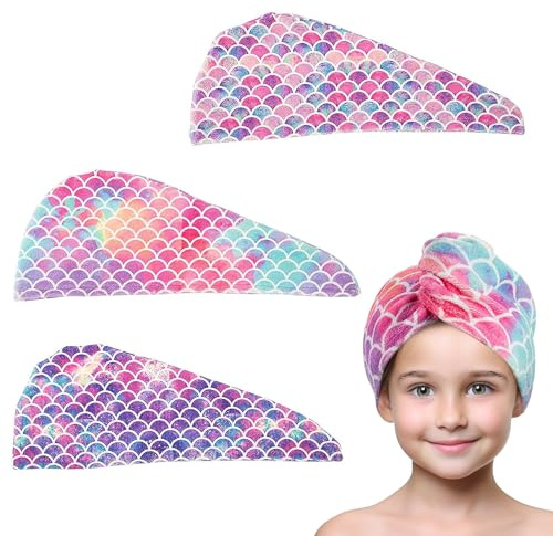 MADHOLLY Fast Drying Microfiber Hair Towel for Kids Women - 3 Packs Soft Super Absorbent Hair Towel Wrap with Button, Anti-Frizz Turban for Thicker Curly Long Hair, Mermaid Pattern Gift for Girls