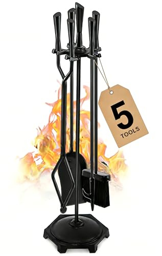 Gtongoko 5 Pcs Fireplace Tools Set 32 Black Wrought Iron Large Fire Tool Set for Outdoor/Indoor Include Chimney Poker, Rustic Tongs, Shovel, Antique Brush and Stand Accessories Set