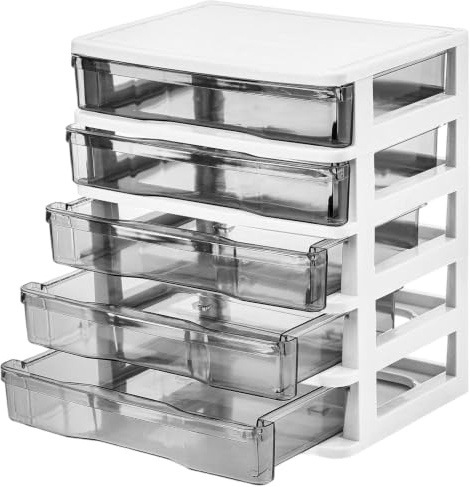DEAYOU 5 Drawer Desktop Storage Bin Unit, Small Plastic Organizer, White Frame with Clear Drawer, Mini Container Case for Desk, Storing Craft, Accessory, Stationery