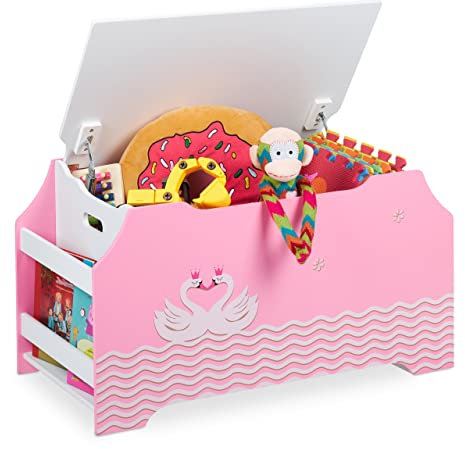 Relaxdays Spielzeugtruhe, Schwanenherz, Spielzeugkiste, Deckel, Bücherfächer, HBT 46x84x42,5 cm, Spielzeugbox, rosa/weiß