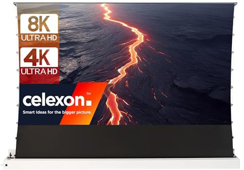 celexon HomeCinema Plus CLR UST Écran de Projection motorisé 120 Blanche | 265x149 cm 16:9 | Écran encastrable et enroulement à Ciseaux au Sol 8K/Full HD pour projecteurs à Ultra-Courte focale