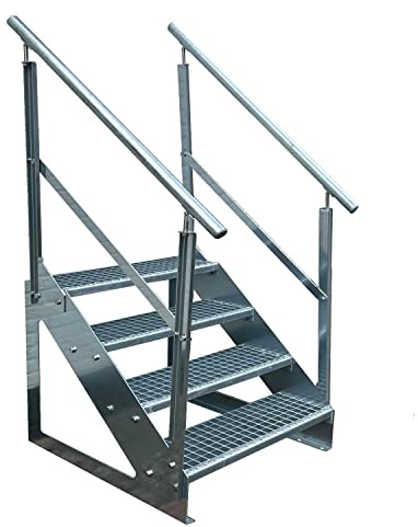 Kaminbau Mierzwa Premium trappa fristående, 4 trappsteg dubbelsidigt räcke (bredd 800 mm) (höjd 76 cm), väderbeständigt rutnät, trädgårdstrappa