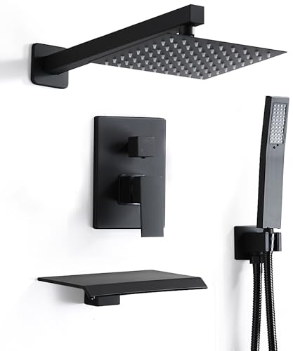 RTOBWEYE 8 Inch Shower Faucet Set, Rainfall Shower System with High Pressure Handheld Shower Head, Bathroom Mixer Shower Set Wall Mounted Rough-in Valve and Trim Kit, with Tub Spout