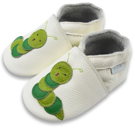 Basrakids Baby Shoes Leather Moccasins Baby Girls Boys Slippers-Soft Sole Non-Skid Lightweight Infant Toddler First Walking Shoes(M, White+Green Caterpillar)