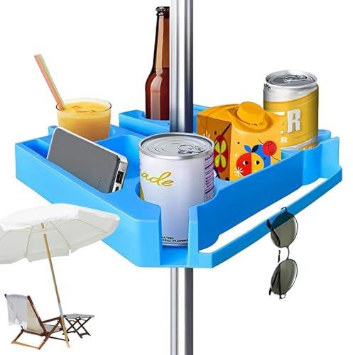 Tisch Mit Schirmloch,33cm Strandschirm-Tischtablett Für Outdoor-Aktivitäten,Verstellbares Terrassenschirm-Tablett Mit 4 Getränkehaltern,3 Snack-Fächern, 3 Sonnenbrillen-Löchern, 2 Handy-Steckplätzen