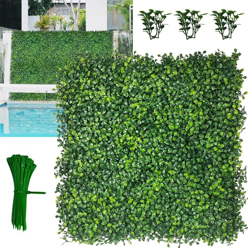 DOPGIB Panel de pared de césped artificial, 10 x 10 pulgadas (16P) de 4 capas de hojas de boj sintético anti vegetación para interiores, exteriores, patio, balcón, privacidad y cubierta de valla de