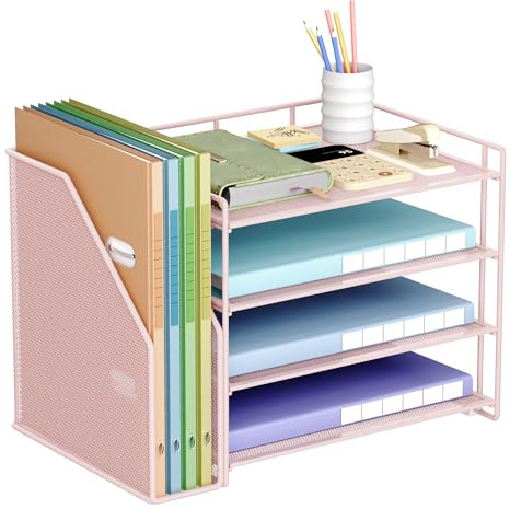VITVITI Schreibtisch Organizer, 4 Ebenen Briefablage, Aktenhalter mit Stehsammlere, Büro Organizer für A4 Dokumentenablag, Zeitschriftensammler (Rosa)