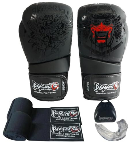 Yakuza Boxhandschuhe Muay Thai Kickboxen Sparring, Männer Damen, Boxsack Punchinghandschuhe, Kickboxhandschuhe Kampfsport Training Schwarz, inkl. Bandagen und Mundschutz 3er-Set. (14 Oz)