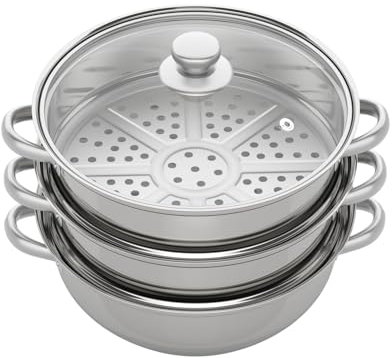 Steamery - Set di 3 pentole a vapore, 28 cm, in acciaio inox, con coperchio in vetro, per piano cottura a induzione, piano cottura in vetroceramica (argento)