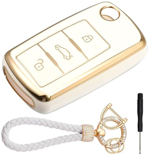 LbsAMP Custodia Chiave Auto VW 3 Tasti TUP Compatibile con VW Golf 5 6 Polo Touran Touareg Passat MK6 Caddy Jetta Scirocco Skoda Seat Custodia per Chiavi Auto Guscio con Portachiavi - Bianco