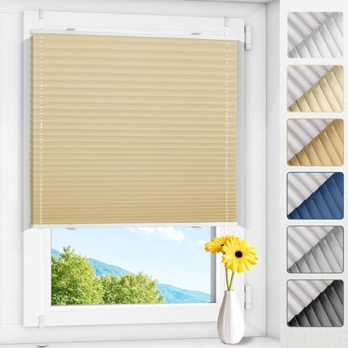 Allesin Plissee ohne Bohren Verdunkelung Klemmfix, Thermo Plisseerollo Hellbeige 80x130cm(BxH), Verdunklungsplissee 100% verdunkelnd & lichtundurchlässig für Fenster & Tür, Sichtschutz & Sonnenschutz