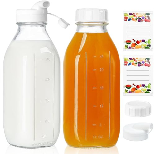 Huucozn 2 Pezzi Bottiglie di Vetro da 1 Litro Bottiglia per Smoothie con Coperchio Bottiglie di Latte con Beccuccio Versatore Bottiglie in Vetro Riutilizzabili per Bevande Succhi Latte Frullati