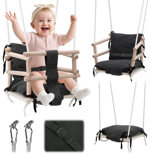 Jaxguom Altalena per bambini, per interni ed esterni, altalena per bambini in legno, regolabile in altezza, con imbottitura grigia, per telaio della porta e cameretta dei bambini a partire dai 12 mesi