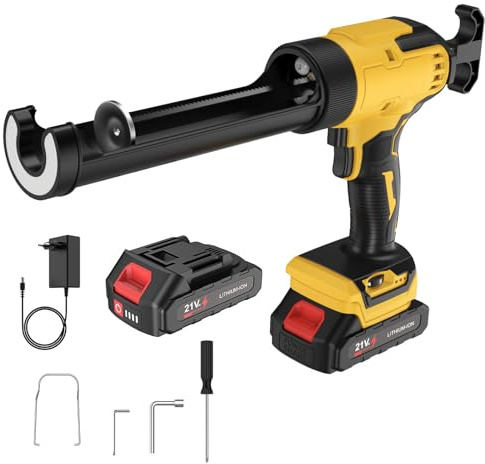 Pistola de calafateo con baterías 21 V, con cargador, prensa de cartuchos, batería con LED y 4 velocidades, pistola de silicona eléctrica de 300 ml para sellar (1 batería)