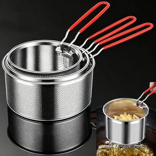 EAAGHK 3PCS Colador de Pasta de Acero Inoxidable, Escurridor Pasta de Acero Inoxidable 16/18/20 cm de Diámetro, Cestillo para Freír con Mango, Colador de Cocina para Escurrir, Freír y Hervir