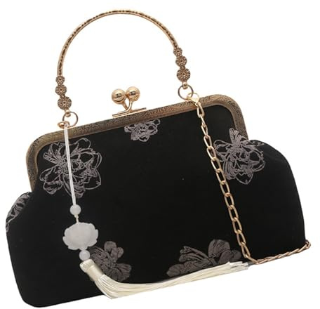 ZnttUu Bolso bandolera de alta calidad con cadena y bordado tradicional. Bolso de hombro compacto. Diseño inspirado único. Bolso con bordado tradicional, Negro