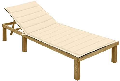 Qnhdfrt Lettino da giardino in legno di pino impregnato, con comodo cuscino color crema, schienale regolabile, per giardino e terrazza, 200 x 70 cm