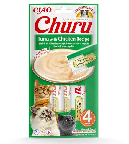 INABA Churu Püree - Katzenleckerlis zum Füttern aus der Hand, Köstliche Katzensnacks zum Schlecken, Leckerchen in Handlichen Portionen, Thunfisch & Huhn - 1 Pack 4x14g Katzenfutter