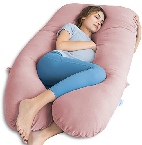 QUEEN ROSE Cooling Pregnancy Pillows, Maternity Pillow for Sleeping, 55in U Shaped Body Pillow for Pregnant Support, with Removable Silky Cover, Pink