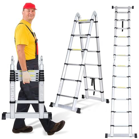 Cecaylie Escalera telescópica de Aluminio 3,8 (1,9 + 1,9), Antideslizante, Multiusos, portátil, Carga máxima de 150 kg