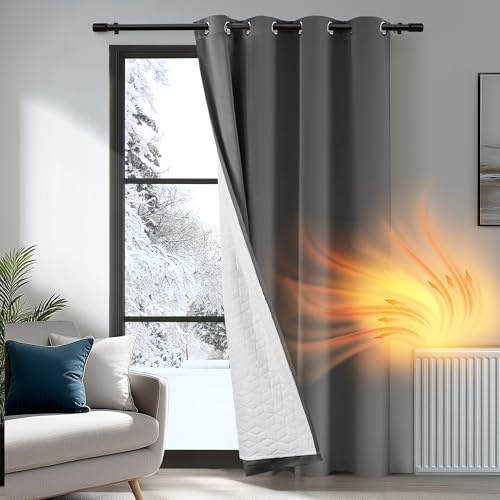 Deconovo 2-Layers Door Curtain Draught Reducing, Blackout Curtain 90 Inch Drop, Eyelet Drapes with Thick Microfiber Liner, Noise Reducing Panels for Big Window, 52x 90, 1 Panel