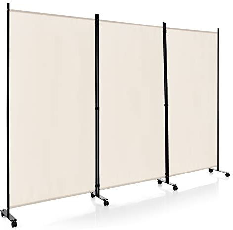 COSTWAY 262 x 180 cm rumsavdelare på rullar, paravent 3 delar, vikbar skiljevägg, gjord av tyg, insynsskydd för mer integritet och flexibilitet (beige)