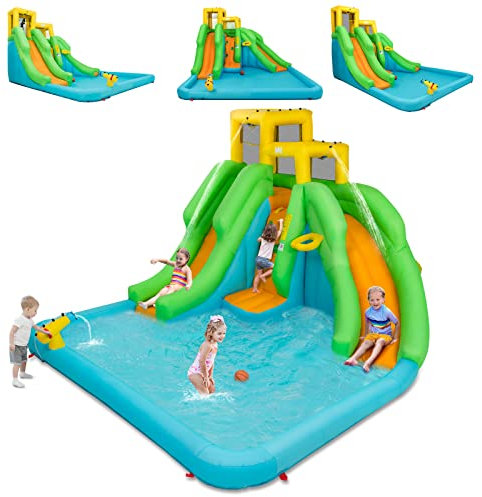 DREAMADE Château Gonflable pour Enfants 3-10 Ans, Parc Aquatique avec Piscine, Deux Toboggans d'eau, Mur d'escalade, Panier de Basket et Canon à Eau (sans Gonfleur)