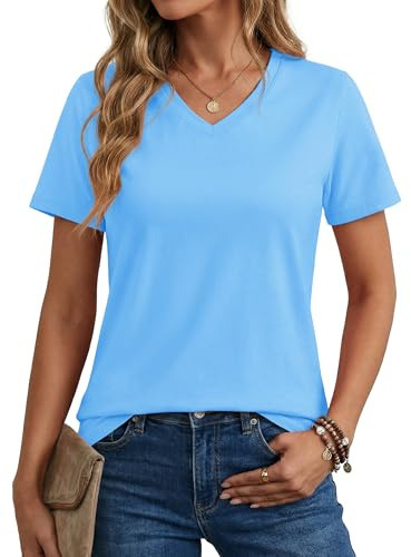 MAGCOMSEN Womens Short-Sleeve Shirt Cotton V-Neck Casual T-Shirt Breathable Tees Basic Classic-fit Tops, Waterfall Blue, M