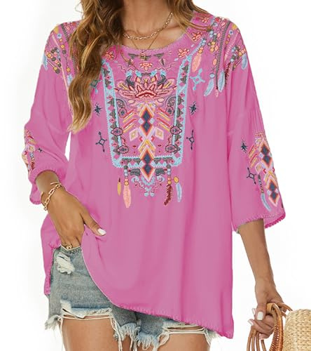 Vakakado Chemise bohème pour Femme d'été Boho Broderie Chemisiers en Vrac Hauts Tunique brodé Folklore Blouse Femme Tops(438,Rose,M)