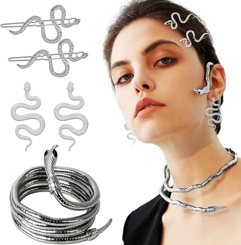 JeVenis Silver Medusa Necklace Hair Clip Earring Snake Ear Cuff | Snake Ear Cuff Medusa Party Accessories Snake Accessories