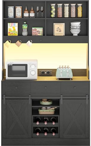 Küchenschrank, Sideboard mit LED-Beleuchtung, Steckdose, Buffetschrank, Abnehmbares Weinregal, 3 Schubladen, Verstellbaren Ablagen, Großer Stauraum, Küche, Esszimmer, 103.5 * 40 * 180 cm, Schwarz