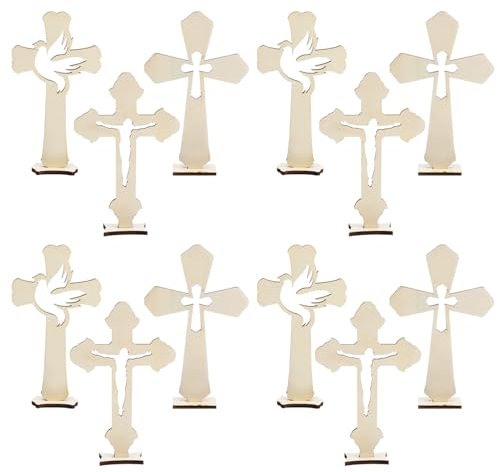 SOETDERT 12 Stück Holzkreuz Katholische Dekoration, Holzkreuze zum Basteln Kommunion Deko, Tischkreuz Desktop Ornament, Kreuz holz Taufe, DIY Stehkreuz mit Basis, 3 Stile