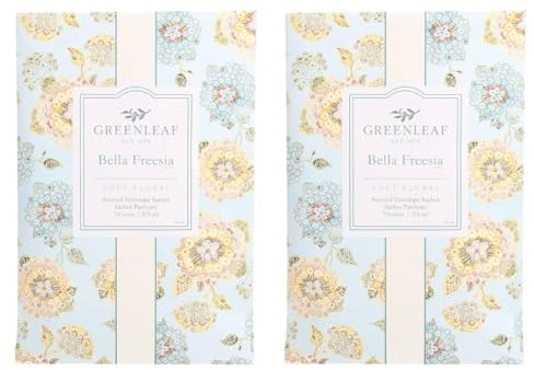 Greenleaf 2x BELLA FREESIA Large Scented Sachet Bag, Drawer Fragrance Wardrobe Air Room Freshener for Living Room Bedroom Bathroom Laundry Basket - Notes of Freesia Blooms, White Tea, Citrus, Amber