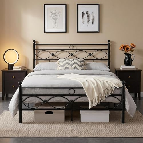 Panana Metal Bed Quality Frame King Size Metal Platform Bed Frame with Headboard Mattress Foundation (Black, 5FT)