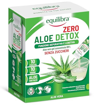 Equilibra Aloe Detox Zero, Aloe Vera Gel Concentrato 99%, 10 stick da 30 ml, Filiera 100% italiana, con Polpa, Senza zuccheri, Funzione Depurativa e Lenitiva, Da Bere Puro o Diluito in Acqua