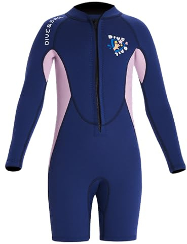 Neoprene 2.5mm Wetsuit for Kids Girls Children Warm Swimsuit Long Sleeve One Piece Shorts Swimwear Front Zipper UV Protection Diving Suit Rash Guard Navy Blue S