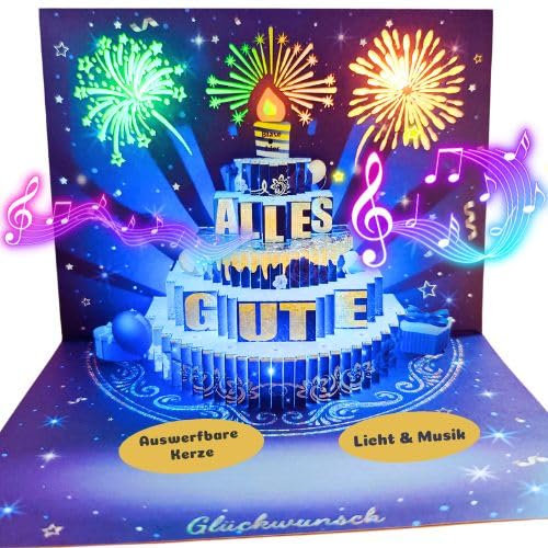 APOTODITO Geburtstagskarte mit Musik und Licht, Pop Up Geburtstagskarten auf Deutsch, Happy Birthday Card, 3d Geburtstagskarten, Geburtstagsgeschenk für Frauen Kinder Freundin Männer (Blau)
