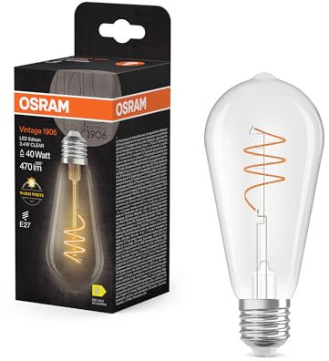 OSRAM Vintage 1906 Edison es una de color blanco cálido con un filamento en espiral en forma de bombilla Edison. Ofrece 3,4 W para 470 lm, E27, cristal transparente, 64 mm de diámetro, 2700 K.