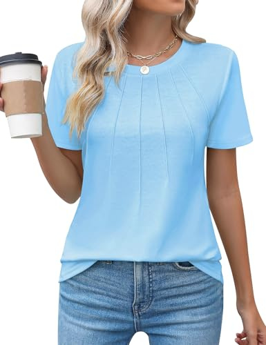 Chicrise Tshirt Femme Plissé Col Rond À Manches Courtes Haut Chic Et Elegant Décontracté Tricot Basic Chemise Bleu Clair Tres Grand 46-48