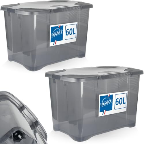 Stimo 2x 60L Aufbewahrungsbox mit Deckel und Rollen große Box rollbar (Grau-Transparent)