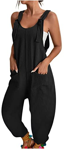 HOOUDO Summer Jumpsuits for Women UK Linen Dungarees for Women UK Summer Casual Sleeveless Rompers Loose Adjustable Strappy Short Overalls Jumpsuits with Pockets My Orders