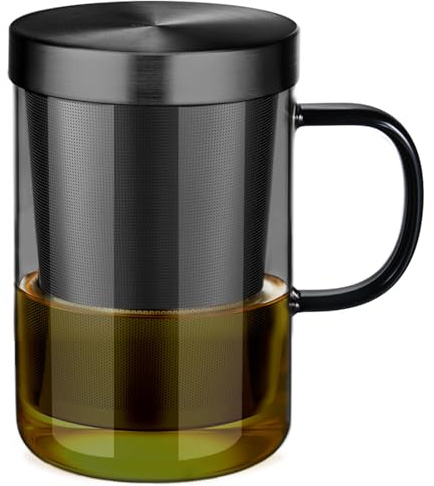 ecooe Schwarz Borosilikat Glas Tasse mit Edelstahl sieb und Deckel 500 ml
