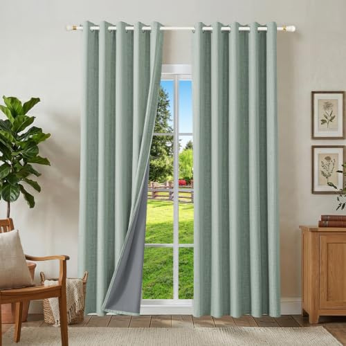 Runyéla Cortinas opacas 100 % de lino con ojales, juego de 2 unidades, cortina térmica, protección contra el calor, 245 x 160, aspecto de lino, opacas, color verde salvia, aislamiento acústico para