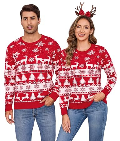 Totatuit Pull de Noël Homme et Femme à Manches Longues avec Motifs de Noël Drôles et Élégants Pull Moche de Noël pour Couple Rouge，L